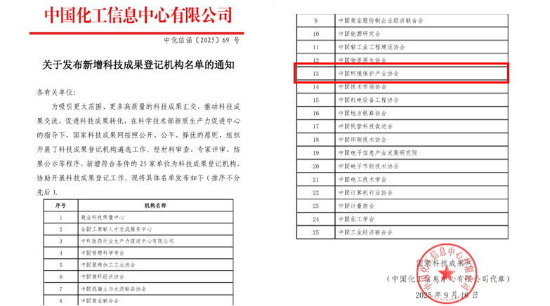 中國環(huán)境保護(hù)產(chǎn)業(yè)協(xié)會成為國家科技成果登記機(jī)構(gòu)！
